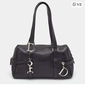 VTG Christian Dior Women's Black Calfskin Leather Logo-Charm Boston Shoulder Bag